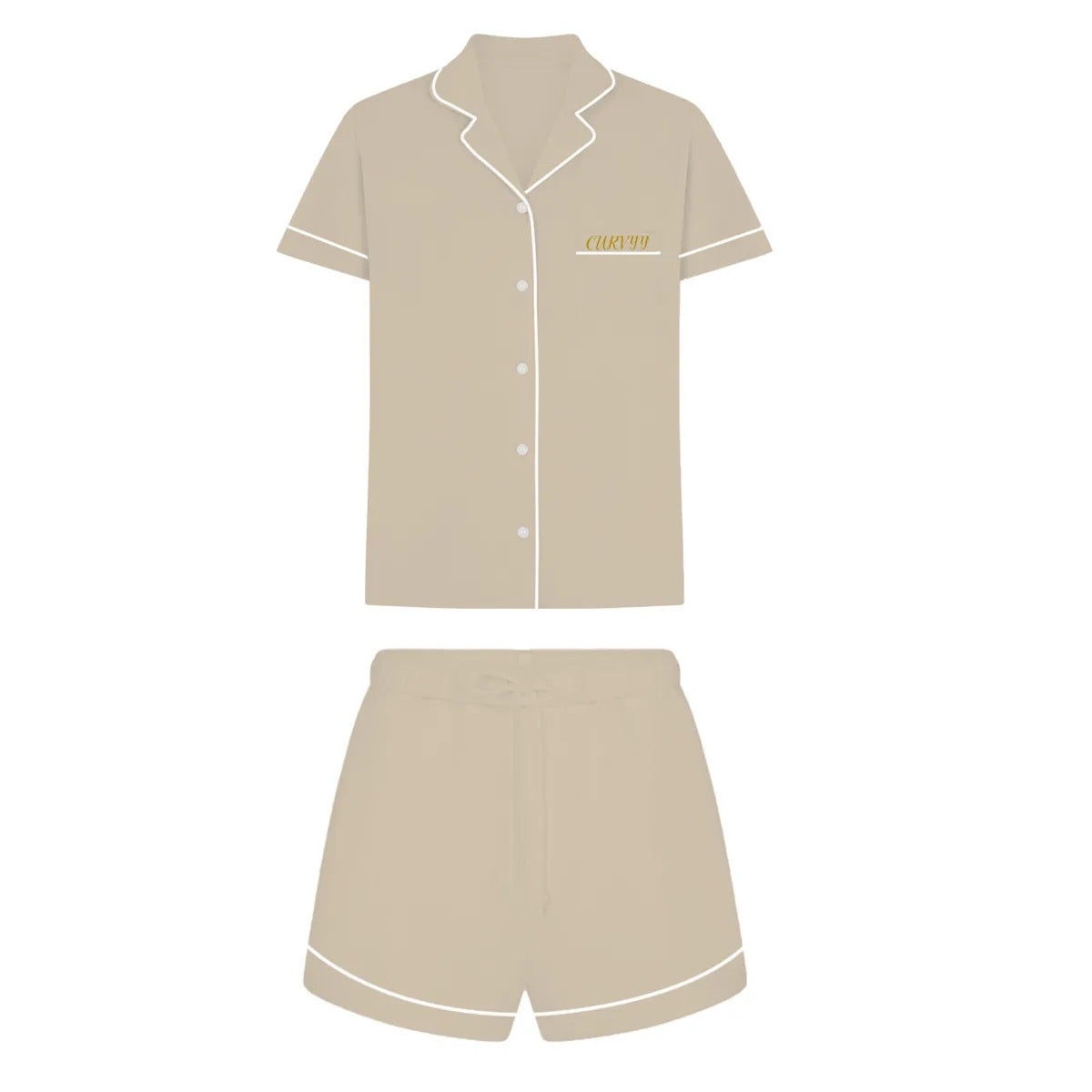 Beige Button down Short sleeve Shirt/ matching shorts