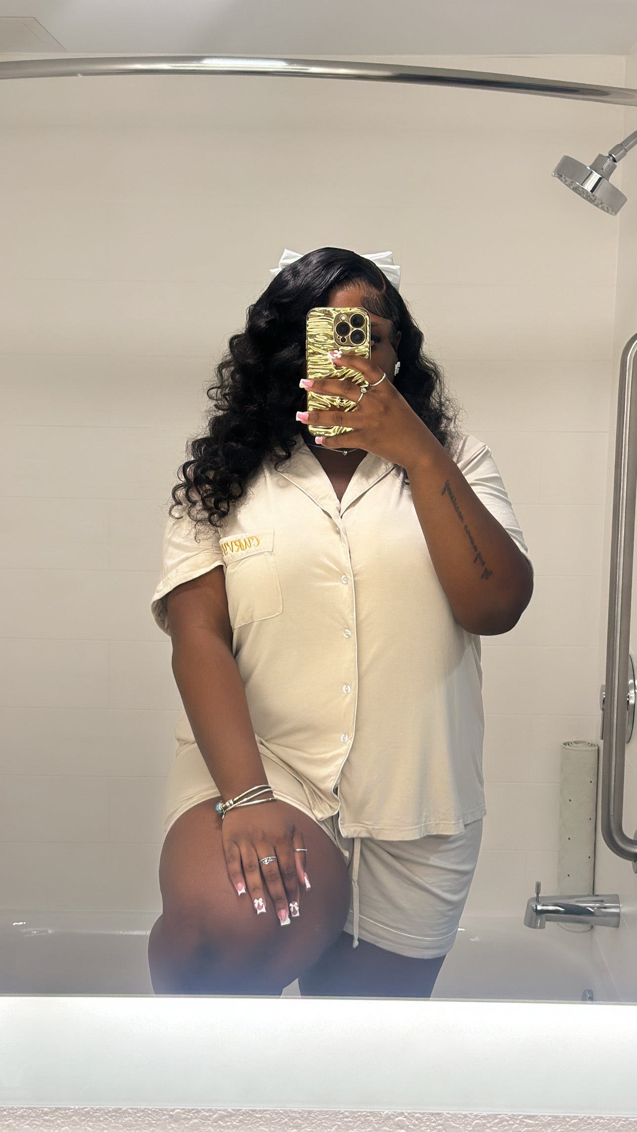 Beige Button down Short sleeve Shirt/ matching shorts