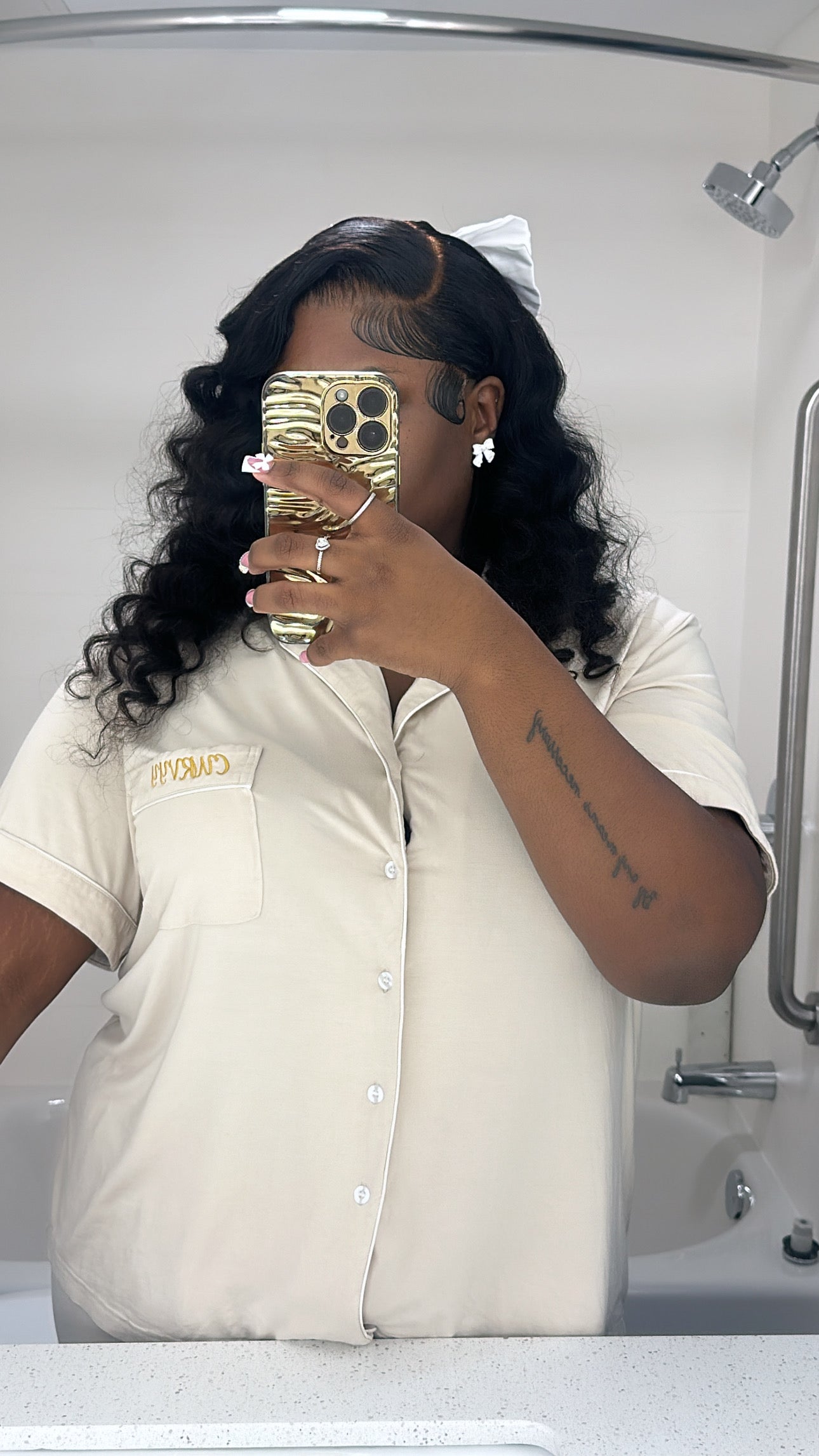Beige Button down Short sleeve Shirt/ matching shorts